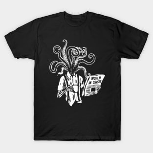 Coffee drinking skeleton with tentacles, newspaper T-Shirt